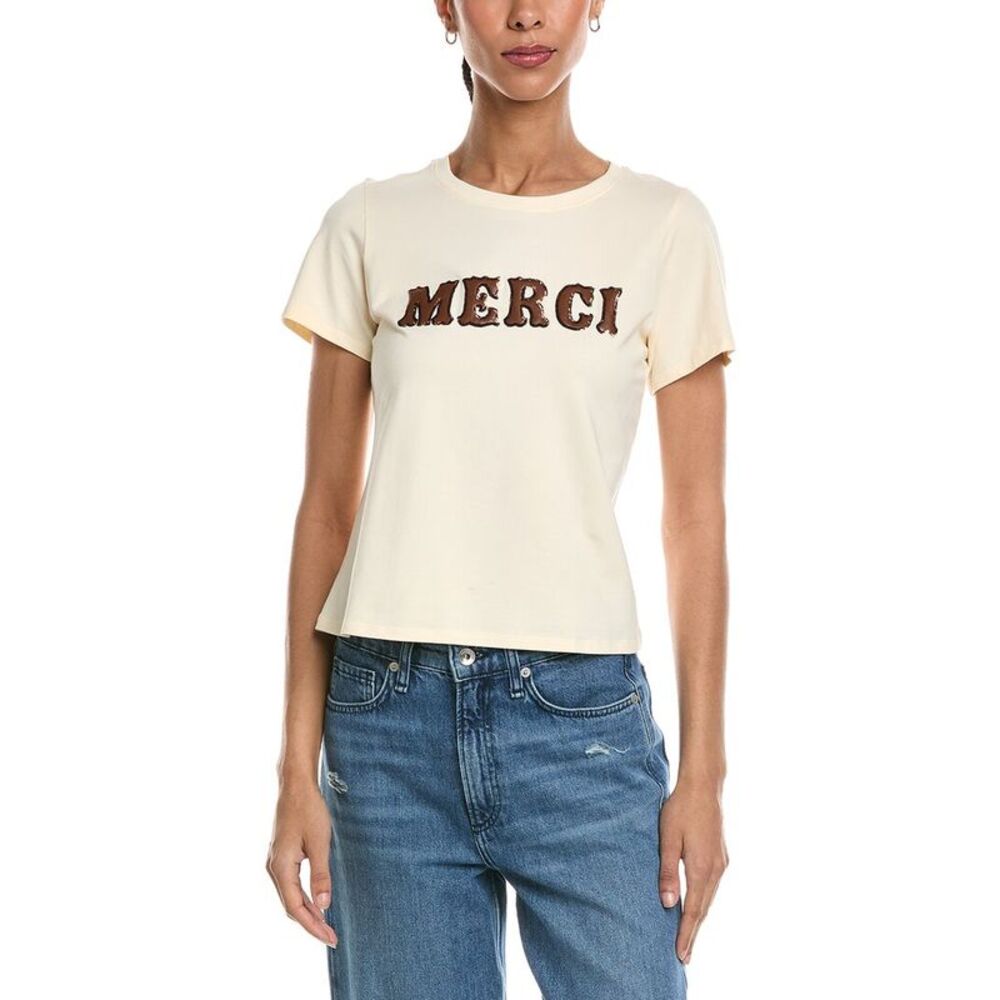 Cinq À Sept Womens  Merci Leather Applique Shrunken T-Shirt, Pink